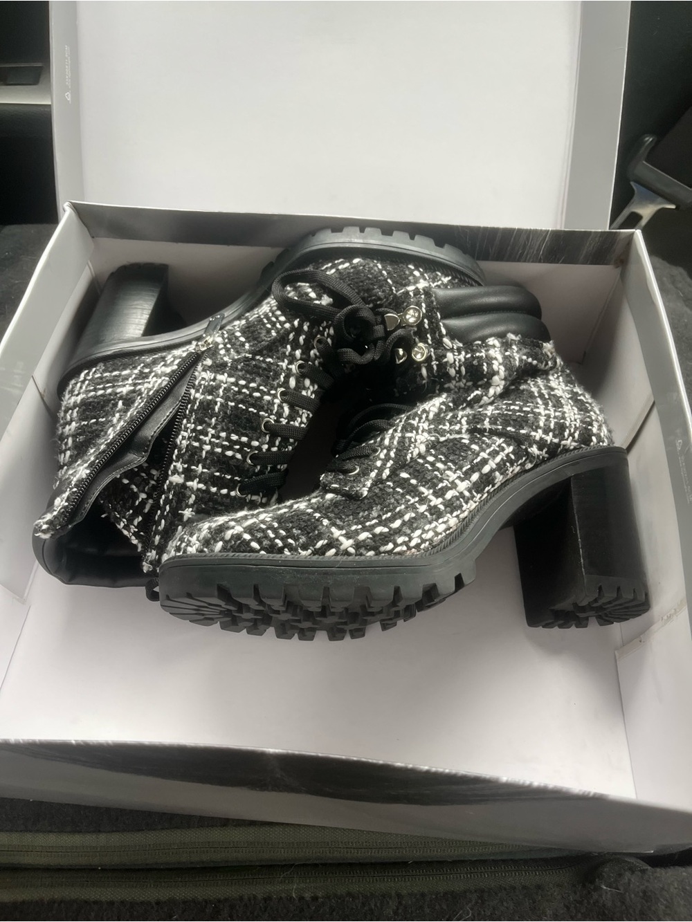Jennifer Lopez Black & White Tweed Lace-Up Chunky Heel Boots